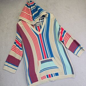 Natural Reflections Sweater Womens M Hooded Striped‎ Open Knit Boho Ethnic Retro